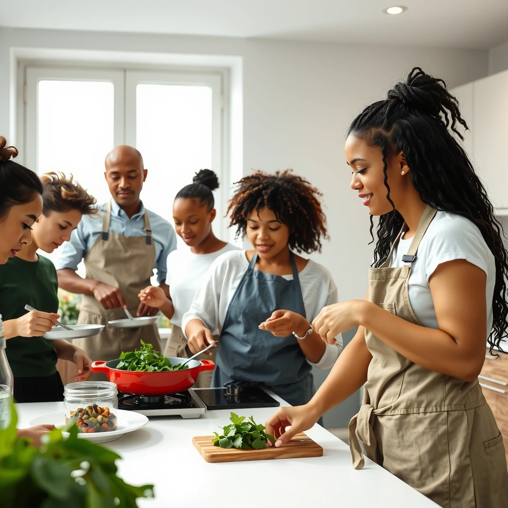 Lebendiger Kochkurs mit frischen Zutaten und Teilnehmern